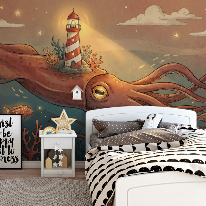 Giant Squid & Lighthouse - Whimsical Ocean Monster Mural