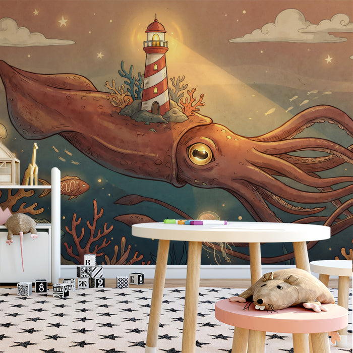 Giant Squid & Lighthouse - Whimsical Ocean Monster Mural