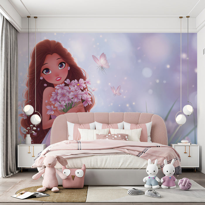 Magical Anime Princess - Sparkly Pink Floral Nursery Mural