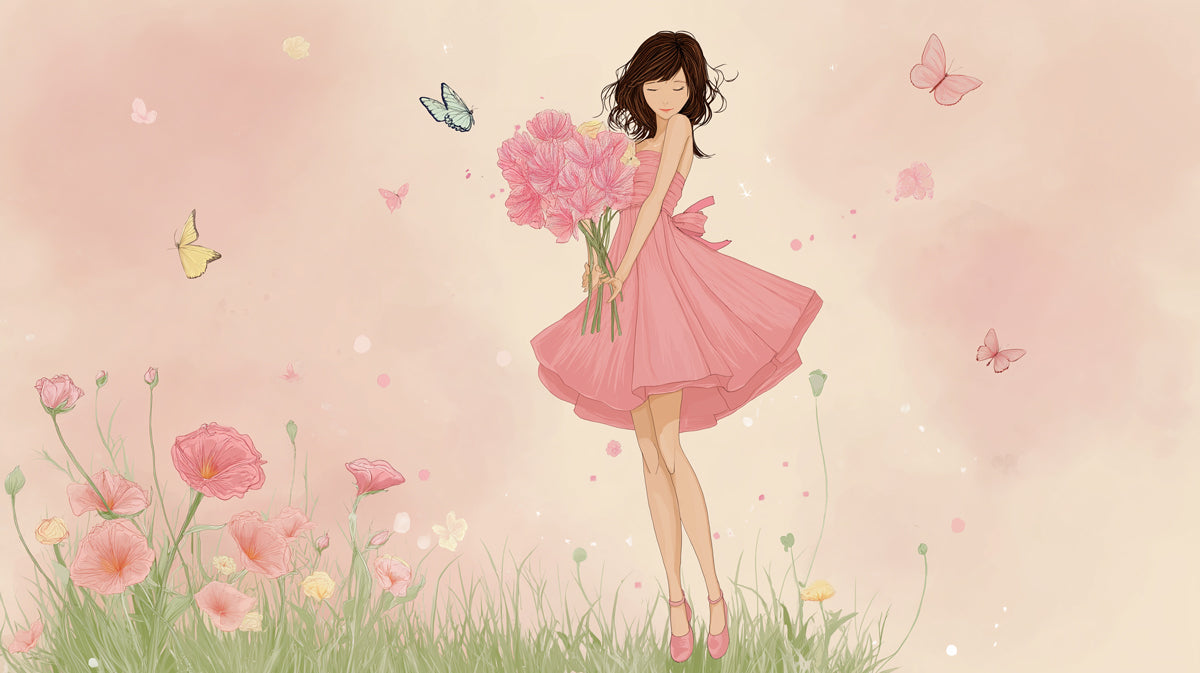 Fashion Illustration Flower Girl - Pink Poppies Art Mural