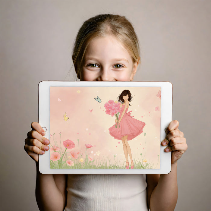 Fashion Illustration Flower Girl - Pink Poppies Art Mural