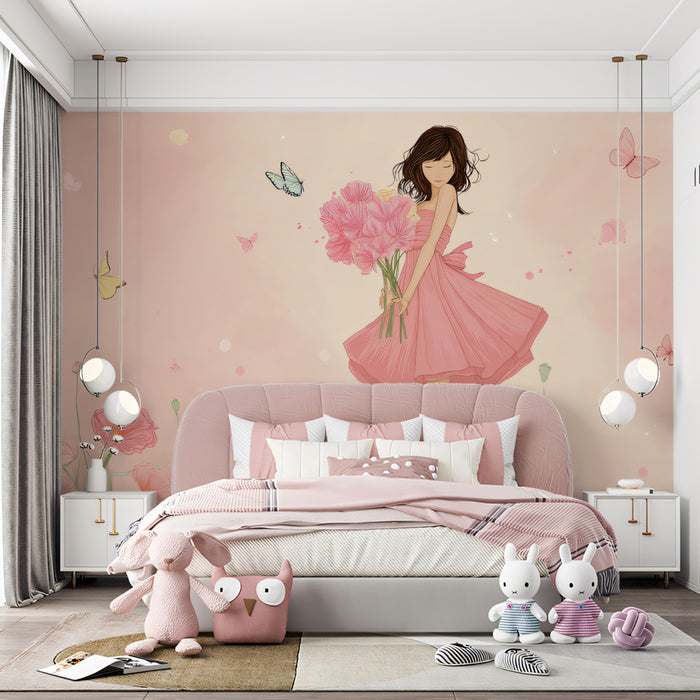 Fashion Illustration Flower Girl - Pink Poppies Art Mural