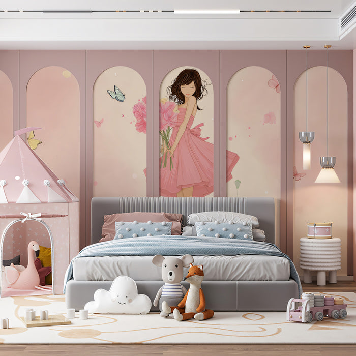 Fashion Illustration Flower Girl - Pink Poppies Art Mural