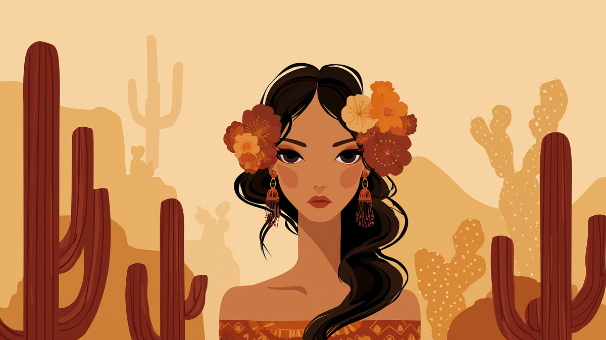 Boho Desert Woman Portrait - Southwestern Vector Art Mural