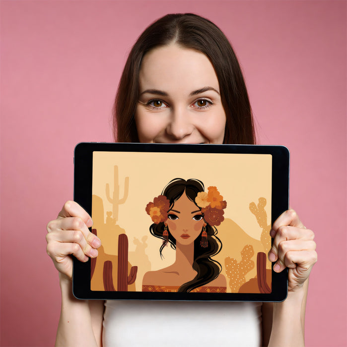 Boho Desert Woman Portrait - Southwestern Vector Art Mural