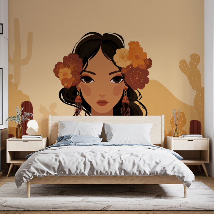 Boho Desert Woman Portrait - Southwestern Vector Art Mural