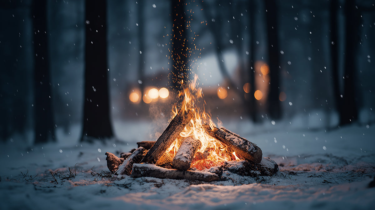 Snowy Forest Campfire - Cozy Winter Night Mural
