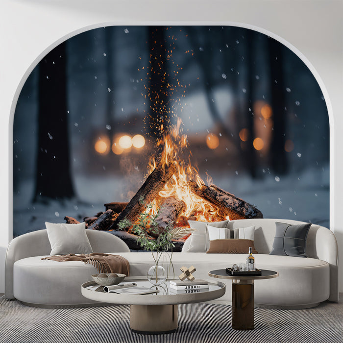 Snowy Forest Campfire - Cozy Winter Night Mural