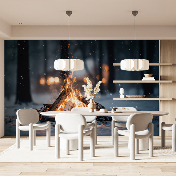 Snowy Forest Campfire - Cozy Winter Night Mural