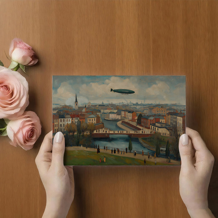 Vintage Airship Over Industrial City - Impressionist Oil Painting Mural