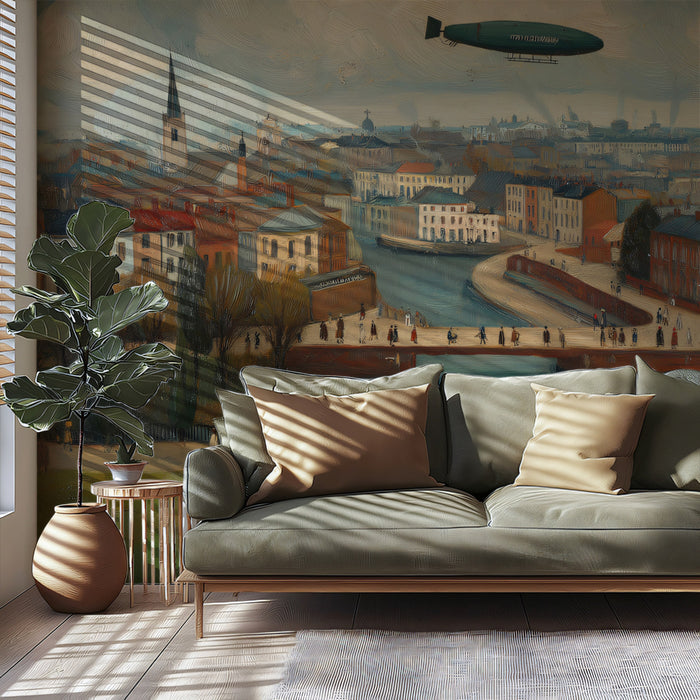 Vintage Airship Over Industrial City - Impressionist Oil Painting Mural