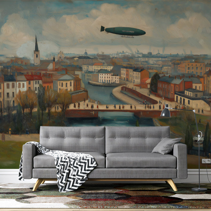 Vintage Airship Over Industrial City - Impressionist Oil Painting Mural