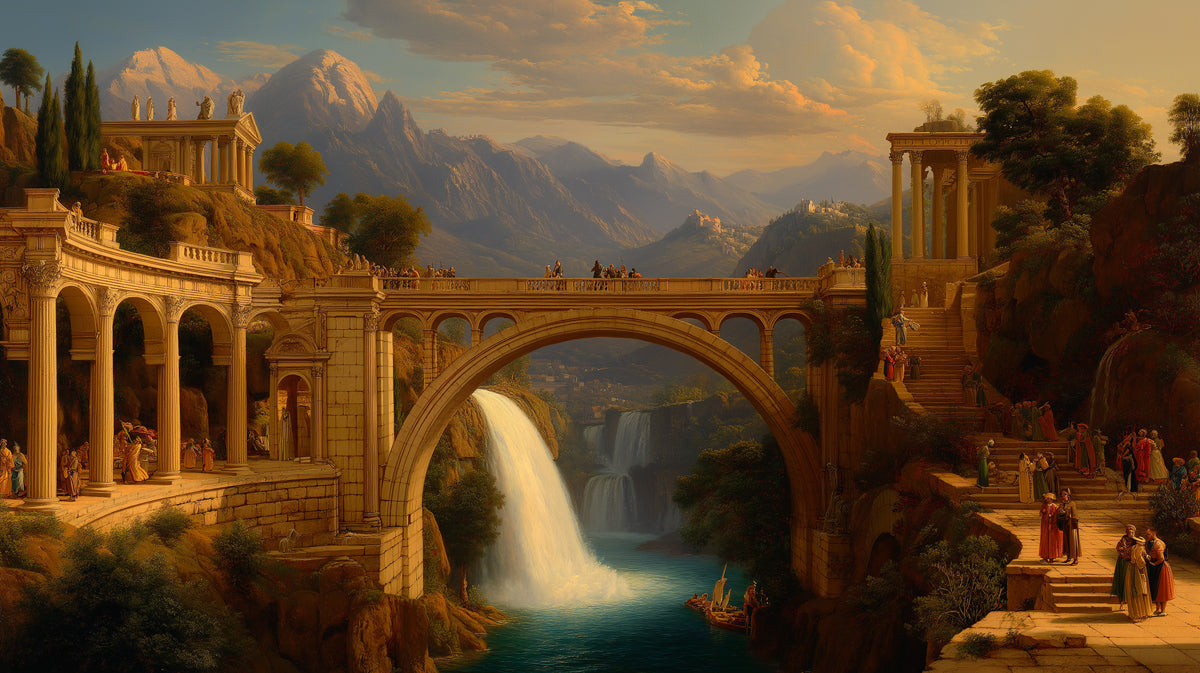 Grand Classical Bridge & Waterfall - Roman Landscape Mural