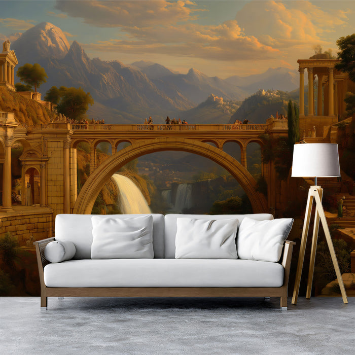 Grand Classical Bridge & Waterfall - Roman Landscape Mural