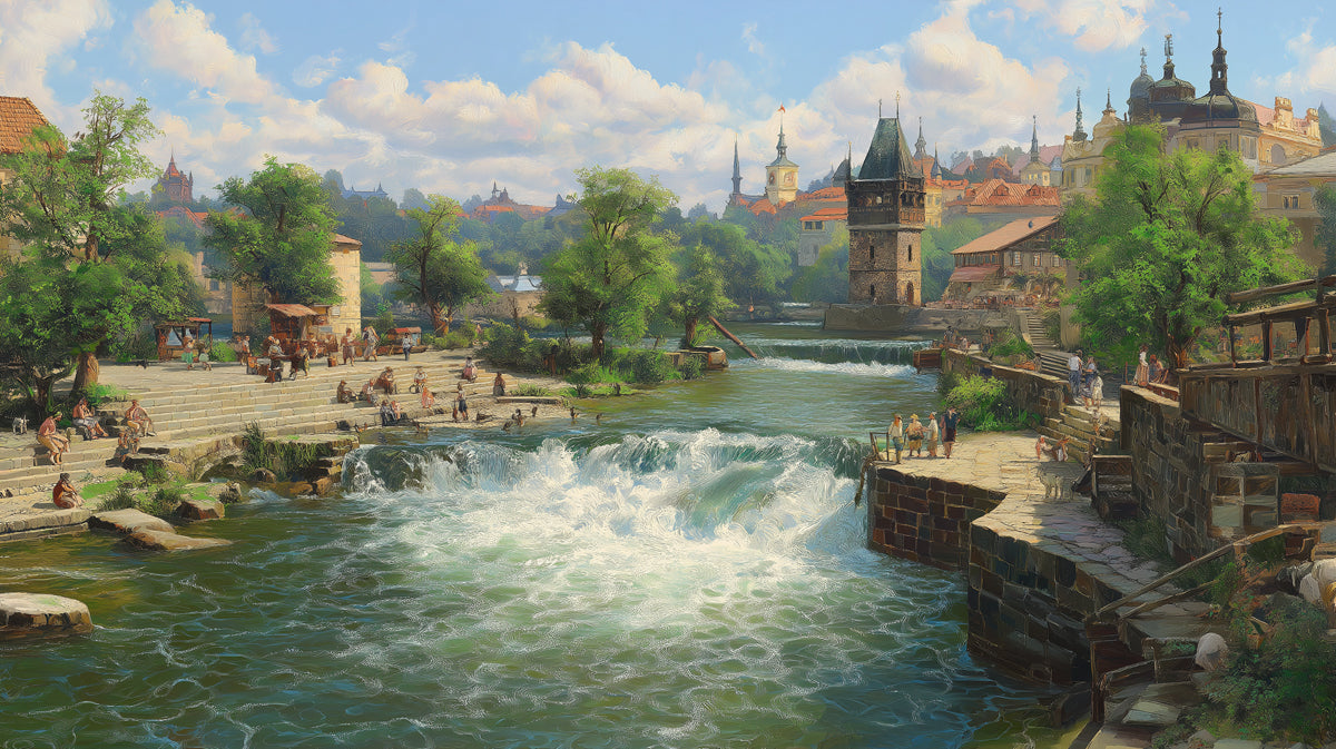 Historic European River Town - Old World Cityscape Mural