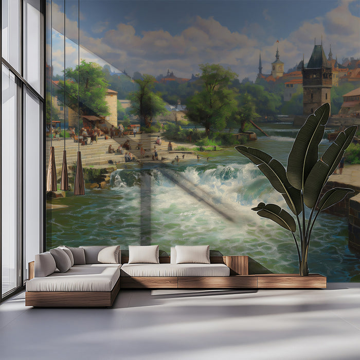 Historic European River Town - Old World Cityscape Mural