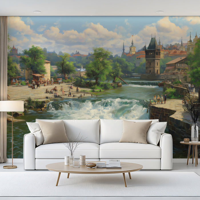 Historic European River Town - Old World Cityscape Mural