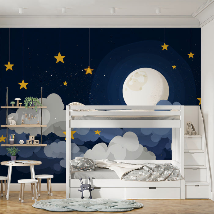 Dreamy Moon & Hanging Stars - Night Sky Nursery Mural