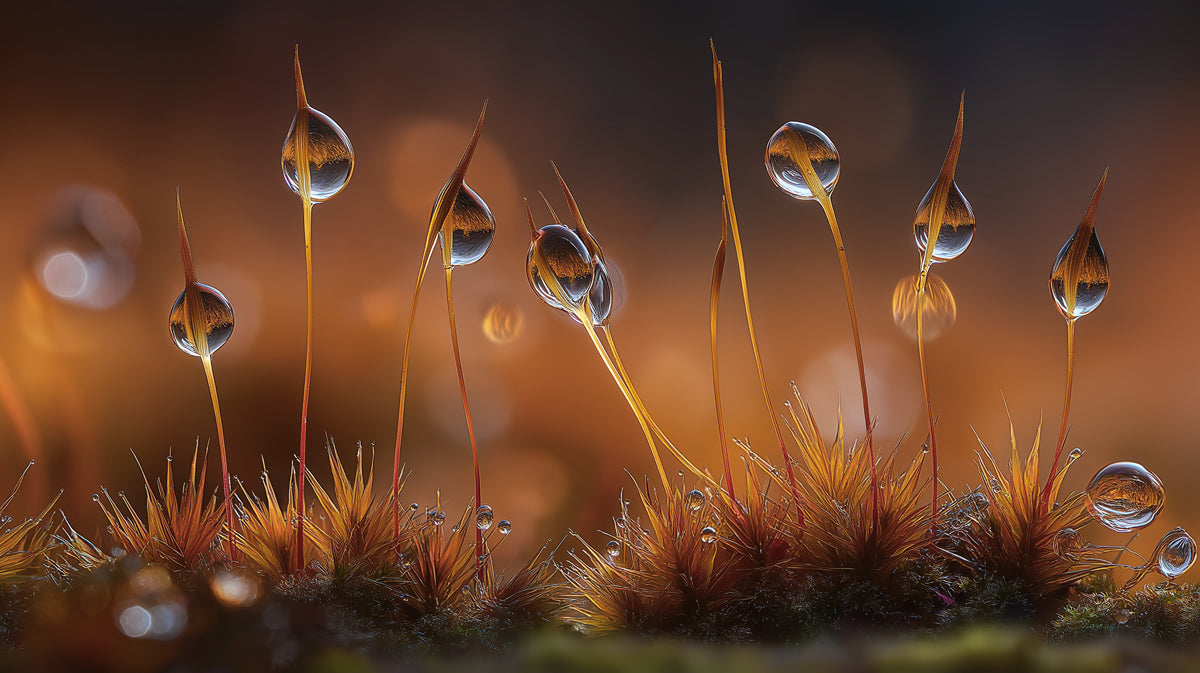 Golden Dew on Moss - Macro Nature Fantasy Mural