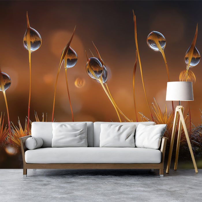 Golden Dew on Moss - Macro Nature Fantasy Mural