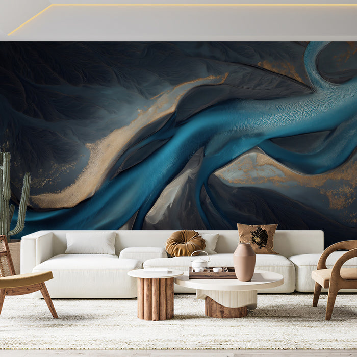 Teal & Gold Aerial River - Luxury Abstract Nature Mural