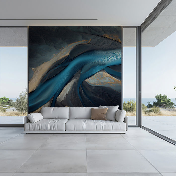 Teal & Gold Aerial River - Luxury Abstract Nature Mural