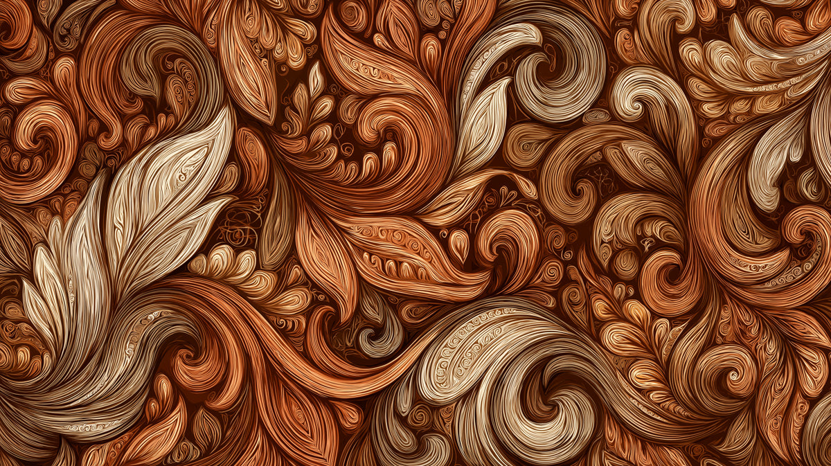 Intricate acanthus scrollwork pattern in shades of chocolate brown, sienna, and cream with a hand-carved aesthetic.