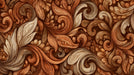 Intricate acanthus scrollwork pattern in shades of chocolate brown, sienna, and cream with a hand-carved aesthetic.