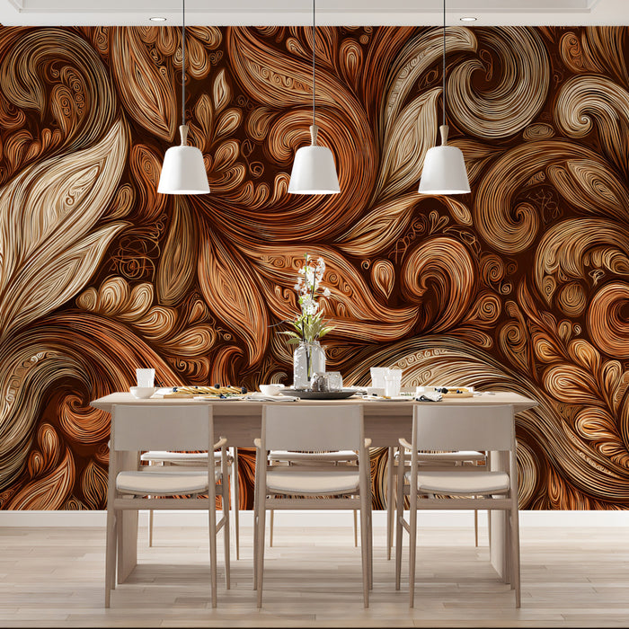 Warmly lit living room featuring a feature wall of acanthus scrollwork wallpaper behind a dark leather sofa.