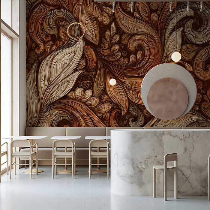 Cozy home office study with ornate brown acanthus leaf mural providing a grounded backdrop for wooden furniture.