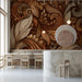 Cozy home office study with ornate brown acanthus leaf mural providing a grounded backdrop for wooden furniture.