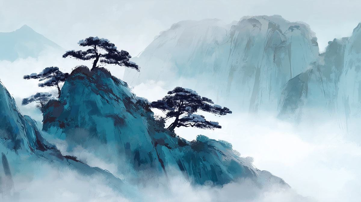 Misty Blue Mountain Pines - Traditional Ink Wash Mural