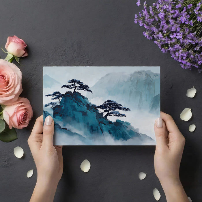 Misty Blue Mountain Pines - Traditional Ink Wash Mural