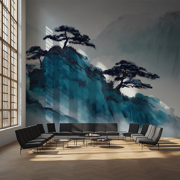 Misty Blue Mountain Pines - Traditional Ink Wash Mural