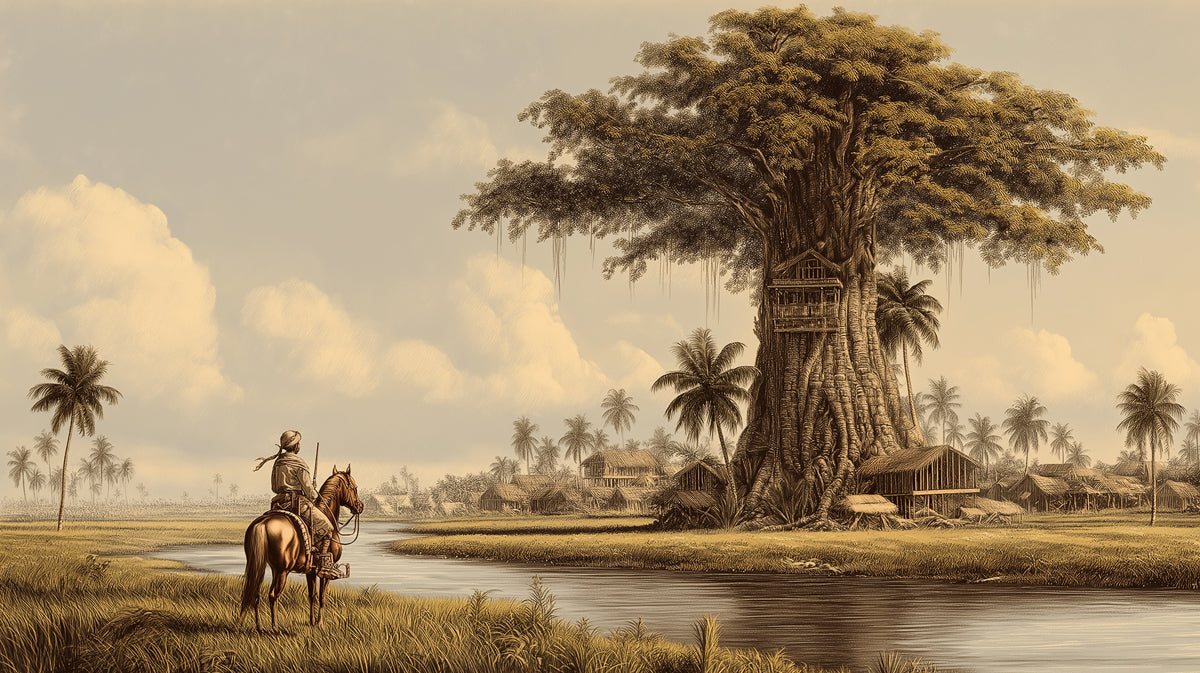 Antique Sepia Treehouse & River Landscape Wall Mural