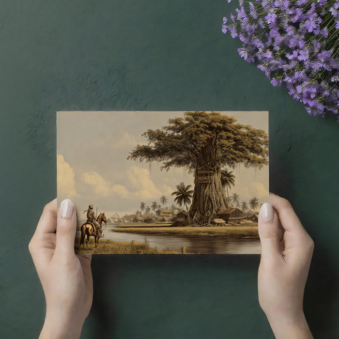 Antique Sepia Treehouse & River Landscape Wall Mural