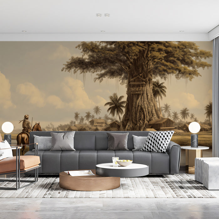 Antique Sepia Treehouse & River Landscape Wall Mural