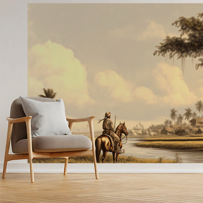 Antique Sepia Treehouse & River Landscape Wall Mural
