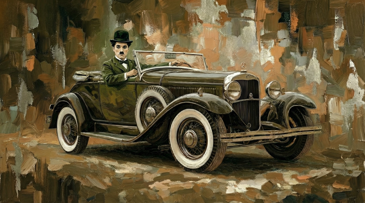 Charlie Chaplin in Vintage Car Cinematic Mural