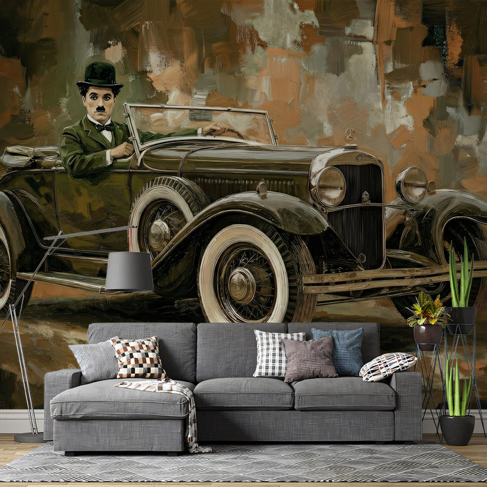 Charlie Chaplin in Vintage Car Cinematic Mural