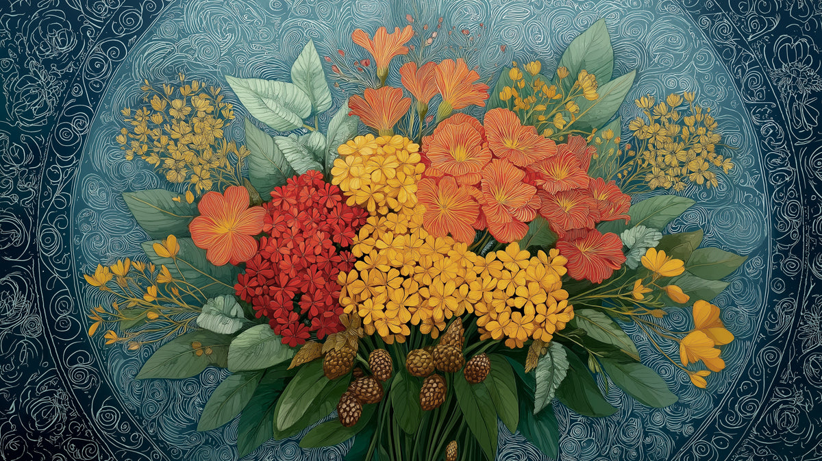 Vibrant Folk Art Floral with Teal Swirls Mural