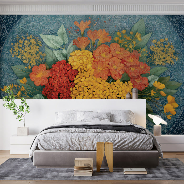 Vibrant Folk Art Floral with Teal Swirls Mural