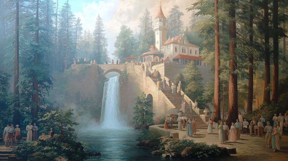 Romantic Forest Castle & Waterfall Painting Mural