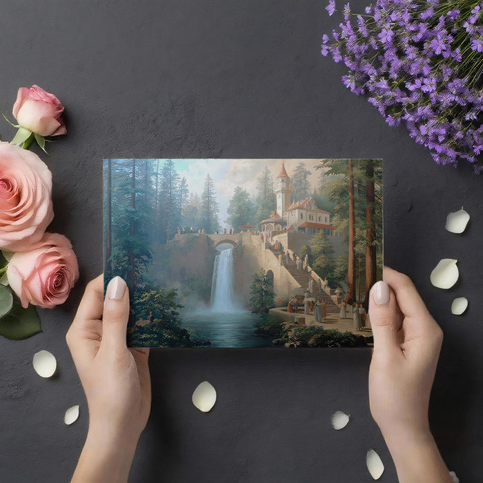 Romantic Forest Castle & Waterfall Painting Mural