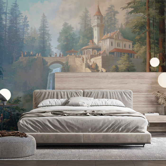 Romantic Forest Castle & Waterfall Painting Mural