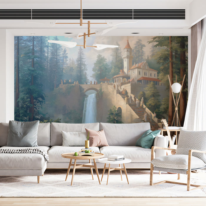 Romantic Forest Castle & Waterfall Painting Mural