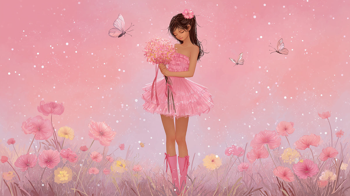 Pink Ballerina Girl with Flowers & Butterflies Mural