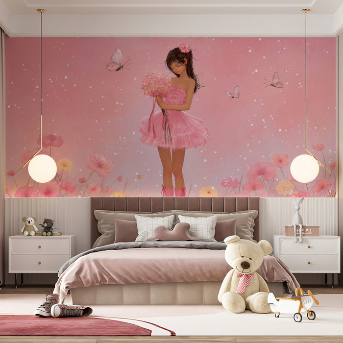 Pink Ballerina Girl with Flowers & Butterflies Mural