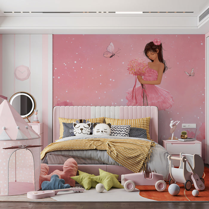 Pink Ballerina Girl with Flowers & Butterflies Mural