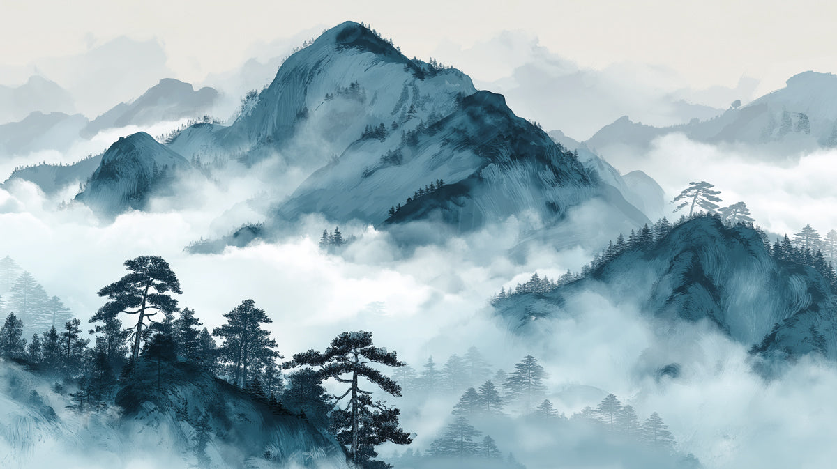 Blue-Green Misty Mountains Landscape Mural